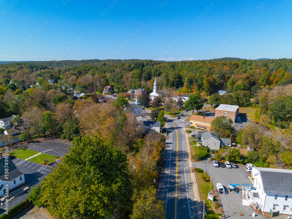 Sterling historic town center aerial view including Conant Free Public Library, Town Hall and First Church at Town Common, Sterling, Massachusetts MA, USA.