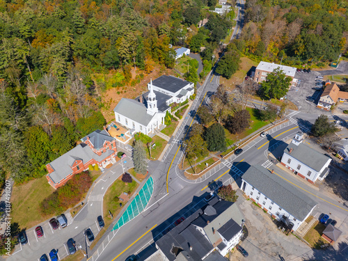 Sterling historic town center aerial view including Conant Free Public Library, Town Hall and First Church at Town Common, Sterling, Massachusetts MA, USA. 