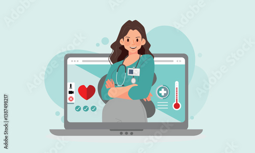 Telemedicine graphic with kind doctor cartoon character on technology for diagnose and communicate with patient. Flat vector illustration.