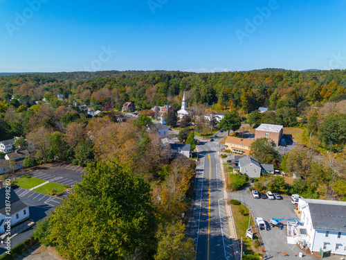 Sterling historic town center aerial view including Conant Free Public Library, Town Hall and First Church at Town Common, Sterling, Massachusetts MA, USA. 