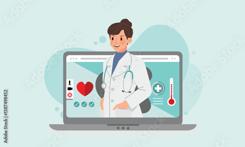 Telemedicine graphic with kind doctor cartoon character on technology for diagnose and communicate with patient. Flat vector illustration.