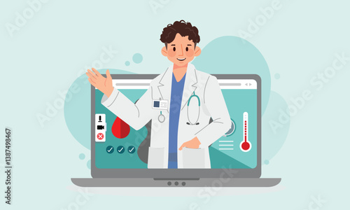 Telemedicine graphic with kind doctor cartoon character on technology for diagnose and communicate with patient. Flat vector illustration.