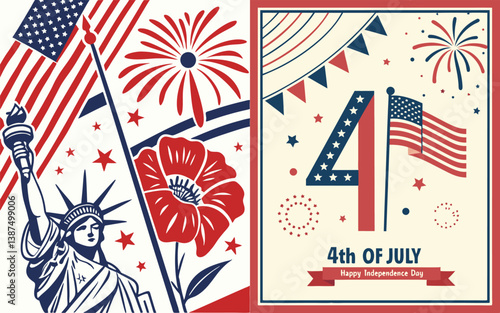 4th of July. US Independence Day. Vector illustration of American flag, star, objects, Statue of Liberty, symbol, sign, ribbon icon for greeting card, poster, banner, background or invitation.