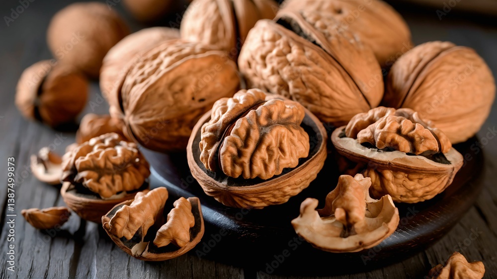 Close-up of Walnuts in Shell and Halved on Wooden Table