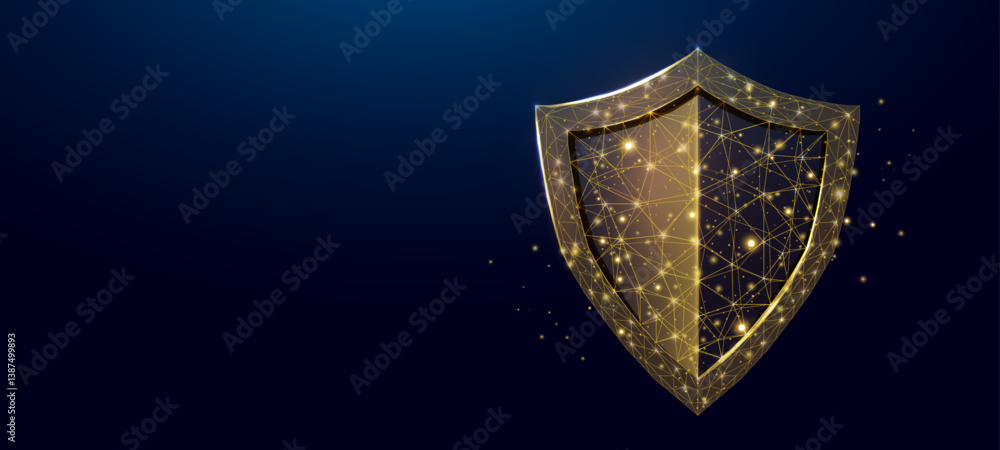 Fototapeta premium Guard shield. Cyber security concept with glowing low poly shield on dark blue background. Wireframe low poly design. Abstract futuristic vector illustration.