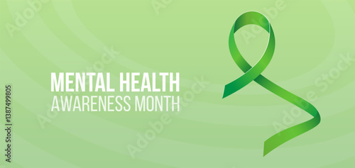 Mental health awareness month concept. Banner template with green ribbon and text.