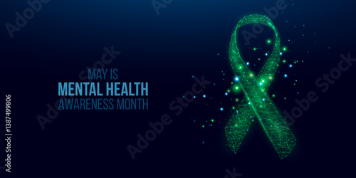 Mental health awareness month concept.Two human hands are holds green ribbon awareness. Abstract vector illustration on dark blue background.