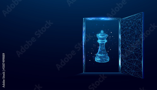 Digital doorway to strategic thinking on a global chessboard illuminated by a glowing king piece. Banner with glowing wireframe low poly door on dark blue background. Abstract vector illustration.