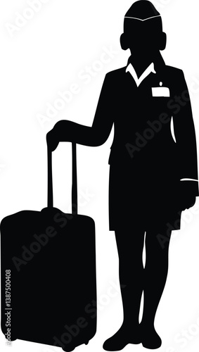 Silhouette of a flight attendant standing confidently with a rolling suitcase, symbolizing airline professionalism, travel, cabin crew duties, and global aviation service