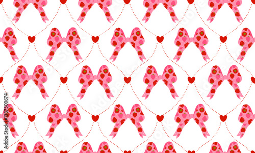 Seamless pattern strawberry and cute coquette ribbon on white background. Vector illustration.
