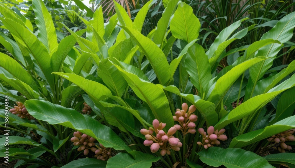 Vibrant Ginger Plants Lush Green Foliage and Pink Blossoms in a Tropical Garden Vibrant Ginger Plants Lush Green Foliage and Pink Blossoms in a Tropical Garden