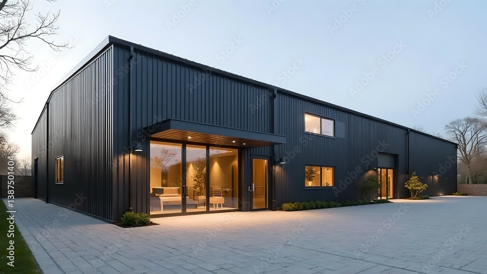 modern warehouse with a small office unit, featuring contemporary design, large windows, and metal siding, highlighting a professional and organized business environment modern warehouse with a small office unit, featuring contemporary design, large windows, and metal siding, highlighting a professional and organized business environment