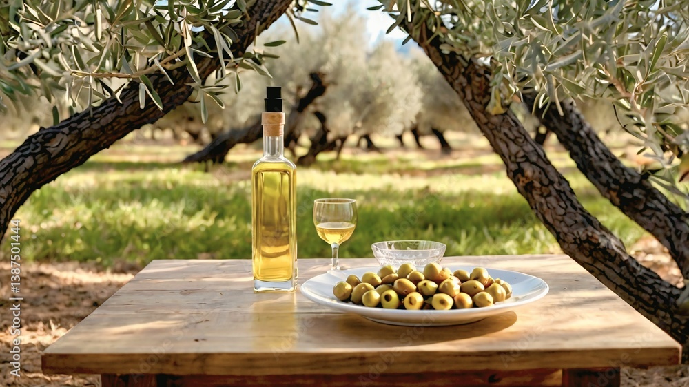 Olive Oil and Olives on Wooden Table in Olive Grove