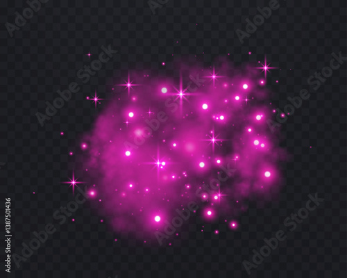Pink glittering dots, particles, stars magic sparks. Dust cloud flare light effect. Red luminous points with smoke. Vector particles on transparent background