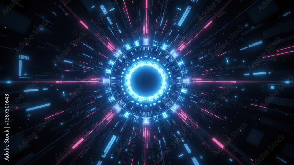 Obraz premium Cybernetic tunnel with neon lights symbolizing digital world and information technology.