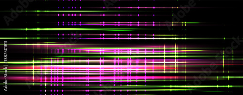 Speed rays, light neon flow, noise effect, pink and green glow speed lines, colorful light trails. Glitch screen bg. Abstract futuristic background, vector illustration.