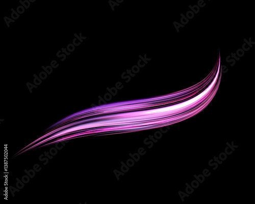 Glowing purple lines. Neon realistic energy speed. Abstract light effect on a black background. Vector illustration.