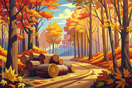 vector of A beautiful fall landscape featuring stacked logs among vivid orange and yellow leaves in a tranquil forest setting.
