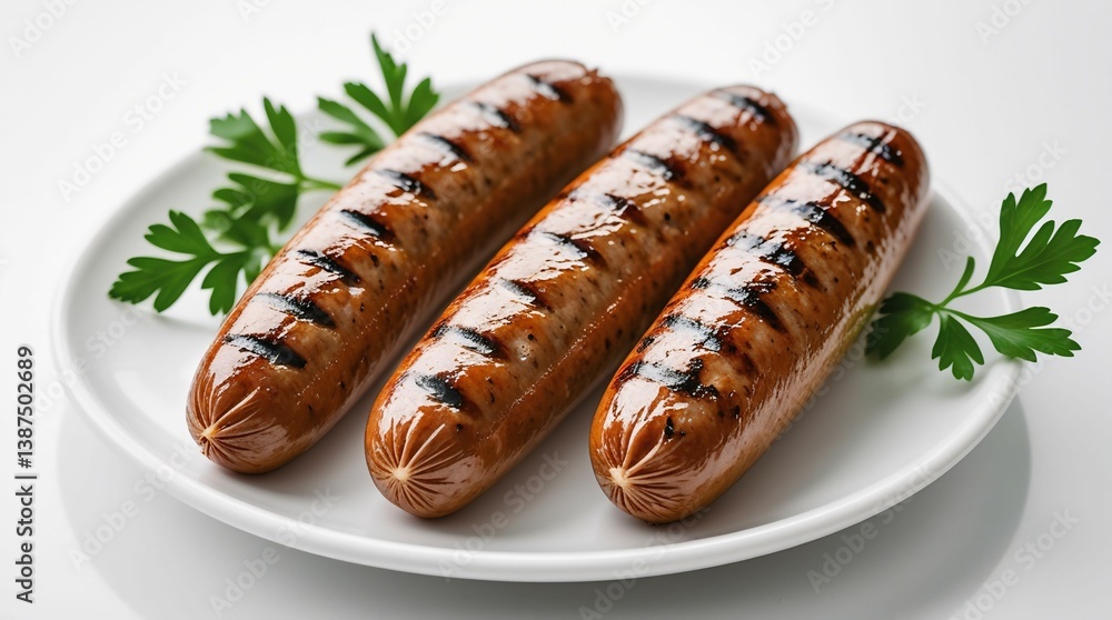 Grilled Sausages with Parsley on White Ceramic Plate