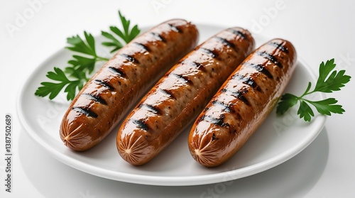 Obraz na płótnie Grilled Sausages with Parsley on White Ceramic Plate w salonie