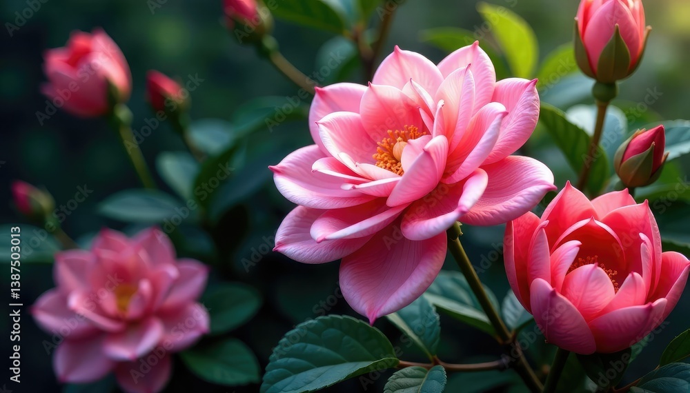 Obraz premium Multi-layered blossoms, interwoven leaves, dense foliage, flowers, vibrant