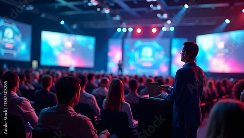 Captivating Tech Conference Scene, Speaker Addressing Attendees in a Dynamic Setting with Bright Screens and Focused Audience Engagement in a Modern Venue