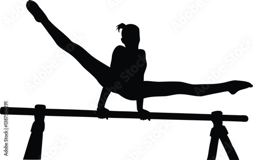 Silhouette of a young female gymnast performing a split on parallel bars, demonstrating strength, control, and athletic grace during artistic gymnastics competition or training routine