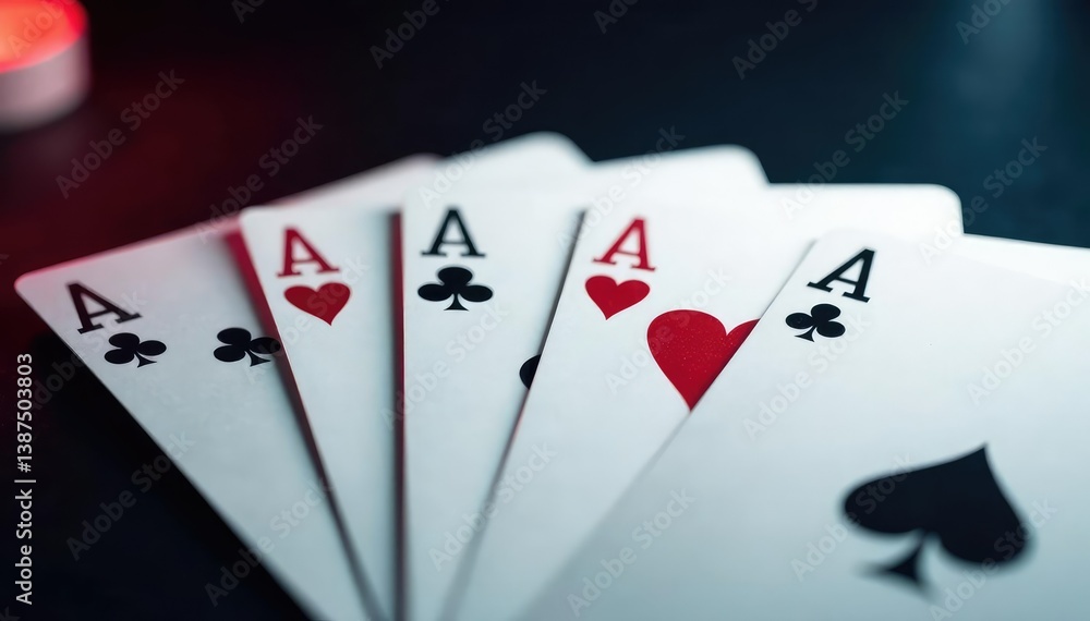Playing cards arranged in a sequence showing the four aces , royal flush, still life, design Playing cards arranged in a sequence showing the four aces , royal flush, still life, design