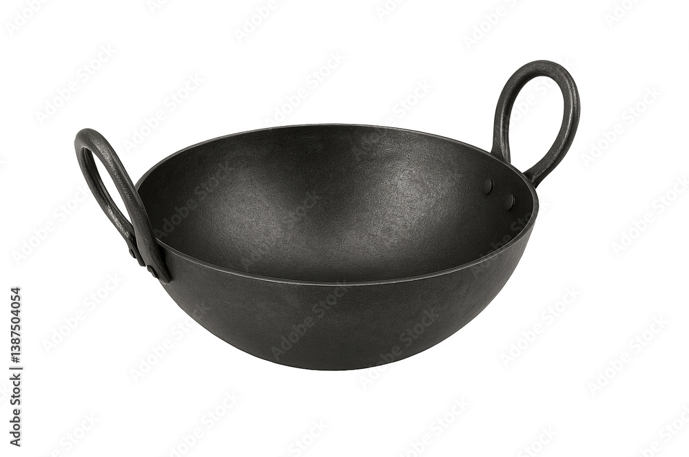 Steel or iron Indian kadai with curved handles, deep bowl shape – isolated transparent PNG Steel or iron Indian kadai with curved handles, deep bowl shape – isolated transparent PNG