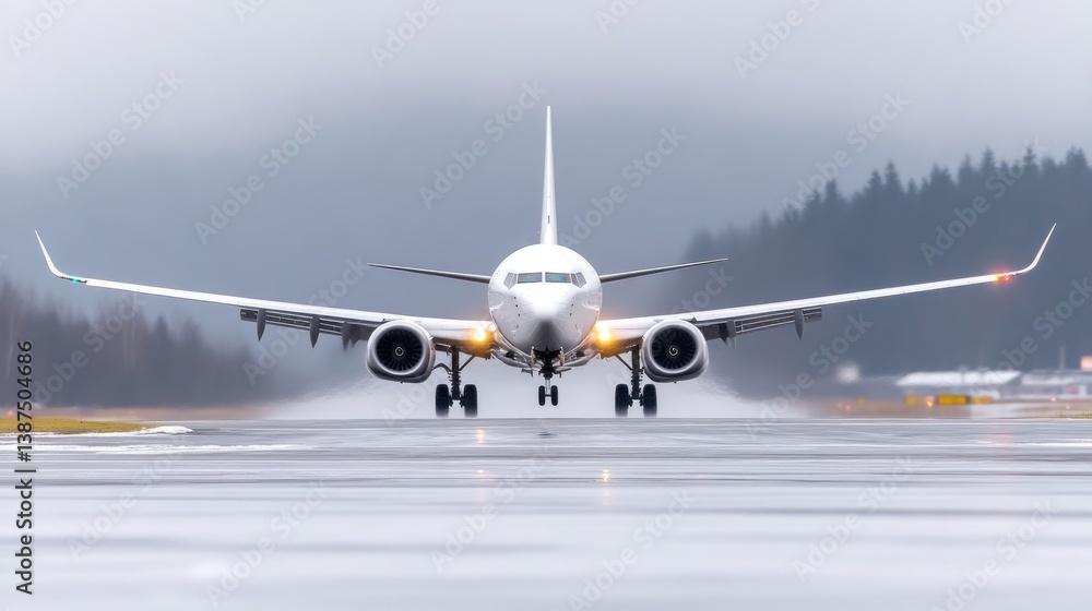 Naklejka premium A Boeing 737 airplane taxis on a runway. The plane is white, and its landing gear is down. The background shows a blurred landscape with trees and a hazy sky. The image is high-quality, with sharp de