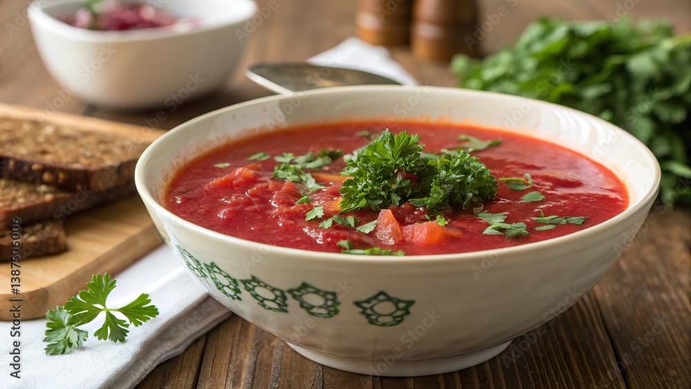 Bowl of borscht garnished with finely chopped parsley served with dark bread on a wooden table Bowl of borscht garnished with finely chopped parsley served with dark bread on a wooden table