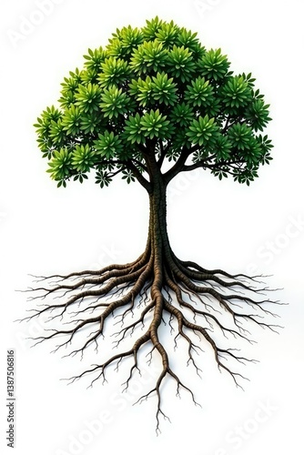 Tree roots stretching out into the distance against a stark white background, isolated, nature