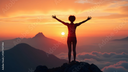 Wallpaper Mural Silhouette of a woman against a vibrant sunset on a mountaintop symbolizing achievement, freedom, and connection with nature in a serene and breathtaking landscape Torontodigital.ca