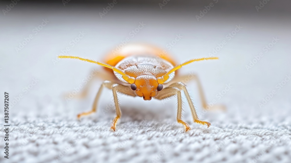 Close-up of a small, orange beetle on a light-colored surface Close-up of a small, orange beetle on a light-colored surface