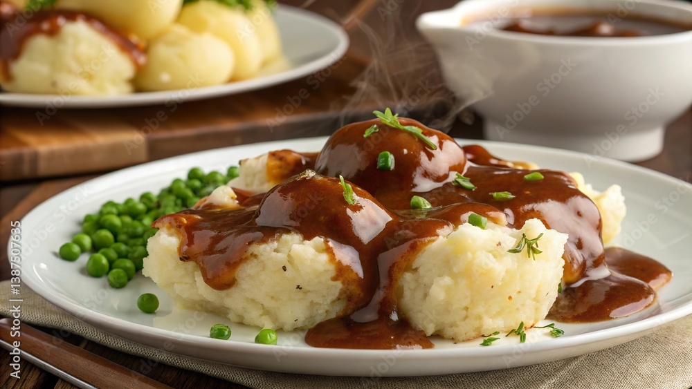 Serving of boiled potatoes topped with rich brown gravy and accompanied by green peas on a rustic wooden table Serving of boiled potatoes topped with rich brown gravy and accompanied by green peas on a rustic wooden table