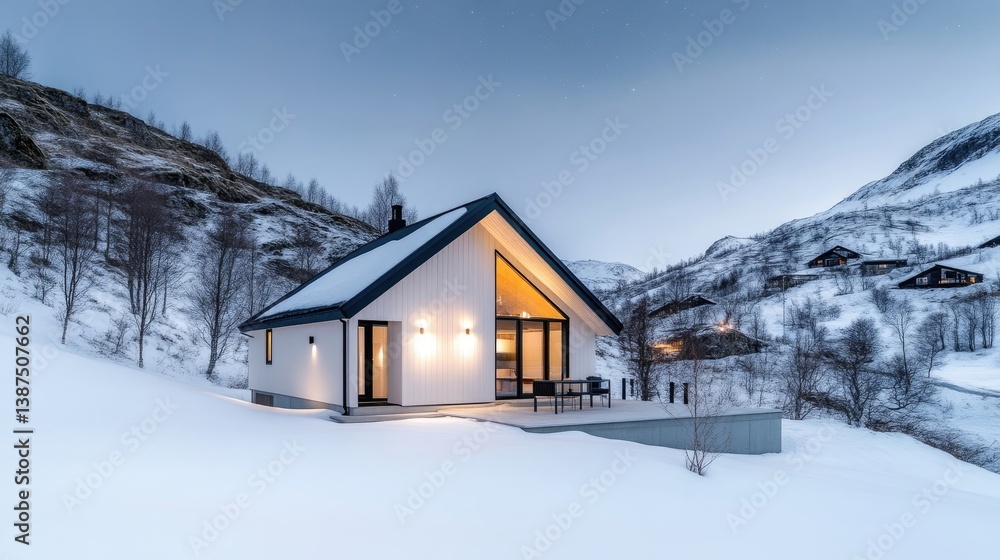 Modern chalet nestled in snowy mountain Modern chalet nestled in snowy mountain