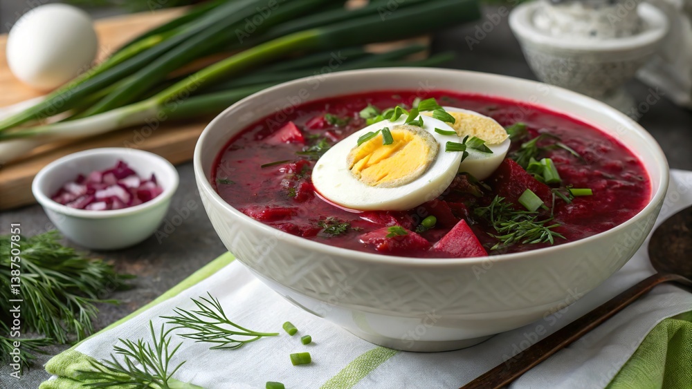 Traditional borscht served with halved boiled eggs and fresh herbs, garnished with scallions and dill Traditional borscht served with halved boiled eggs and fresh herbs, garnished with scallions and dill