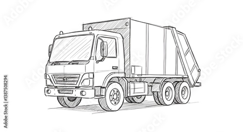 Sketch Drawing of Garbage Truck Illustration on White Background