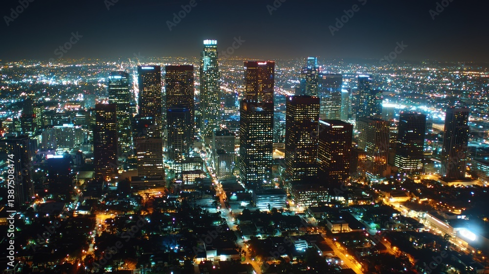 Obraz premium Nighttime Aerial View of Downtown Los Angeles Skyline