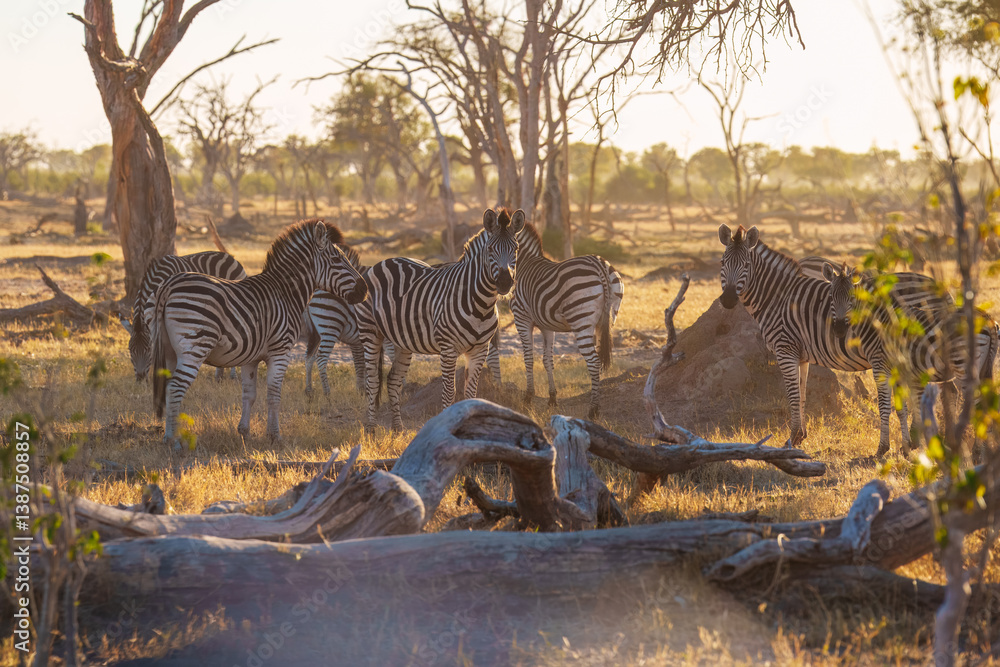 Fototapeta premium Zebras in the bushland near the Khwai North Gate Campsite at a glowing sunset, Moremi National Park, Okavango Delta, Botswana
