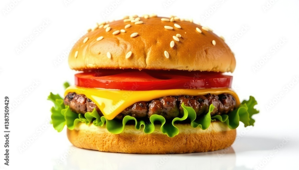 Burger with melted cheese isolated on white backdrop , white, snack, delicious Burger with melted cheese isolated on white backdrop , white, snack, delicious