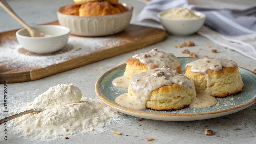 Homemade biscuit and gravy served with a dusting of flour on a rustic kitchen table Homemade biscuit and gravy served with a dusting of flour on a rustic kitchen table