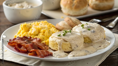 Delicious biscuits and gravy served with scrambled eggs and crispy bacon on a cozy breakfast plate
