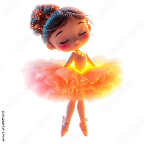 Fluffy 3D Cartoon Ballerina Girl in Tutu Isolated on Transparent Background