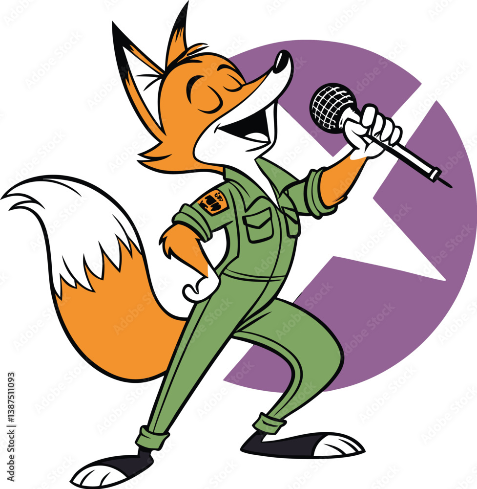 Fototapeta premium Cartoon Dancing Fox Singing with a Microphone in a Vintage Style