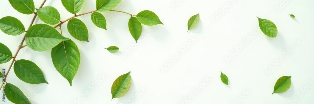 Fototapeta premium Delicate leaves scattered on white background, texture, nature, foliage