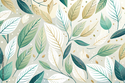 vector of Close-up of a white background with lots of leaves scattered across it. The leaves are thin and delicate, and the overall mood of the picture is calm and peaceful