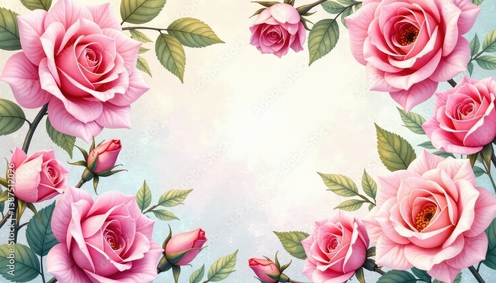 Delicate watercolor roses repeat across soft, textured background , summer, garden Delicate watercolor roses repeat across soft, textured background , summer, garden