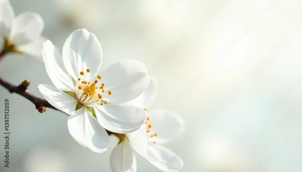 Delicate white blossom against pure white, soft light , simple, minimal, image Delicate white blossom against pure white, soft light , simple, minimal, image