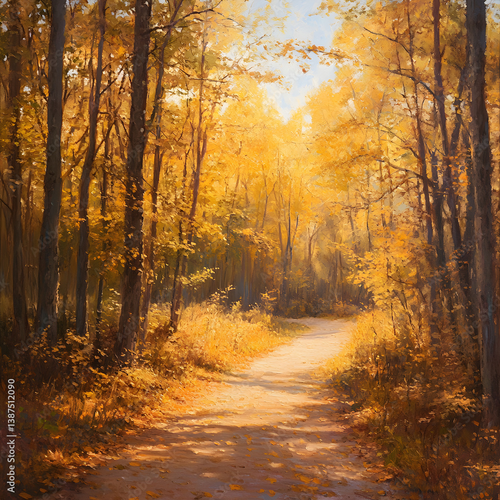 Forest Pathway Illuminated by Warm Autumn Sunlight Amidst Golden Leaves of a Tranquil Woodland Setting Forest Pathway Illuminated by Warm Autumn Sunlight Amidst Golden Leaves of a Tranquil Woodland Setting